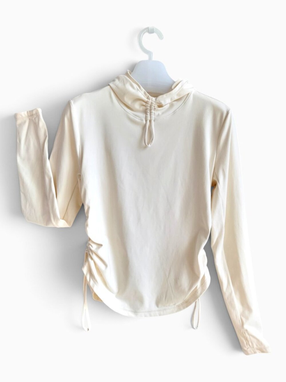 FLX M Ivory Hooded Activewear Top Ruched Drawstring Sides Thumbholes Athleisure